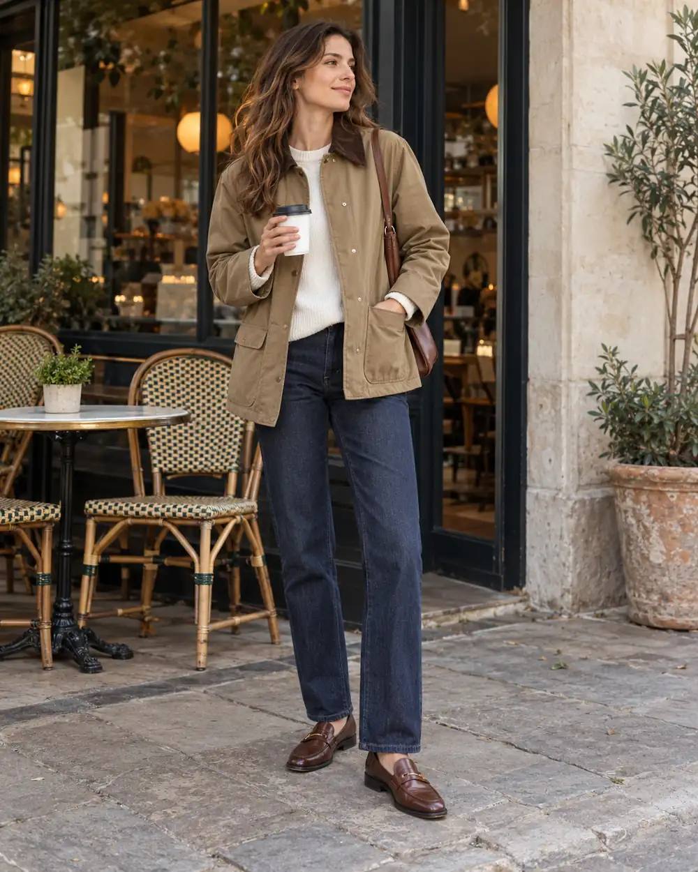 Khaki barn jacket worn with dark straight-leg jeans and brown loafers
