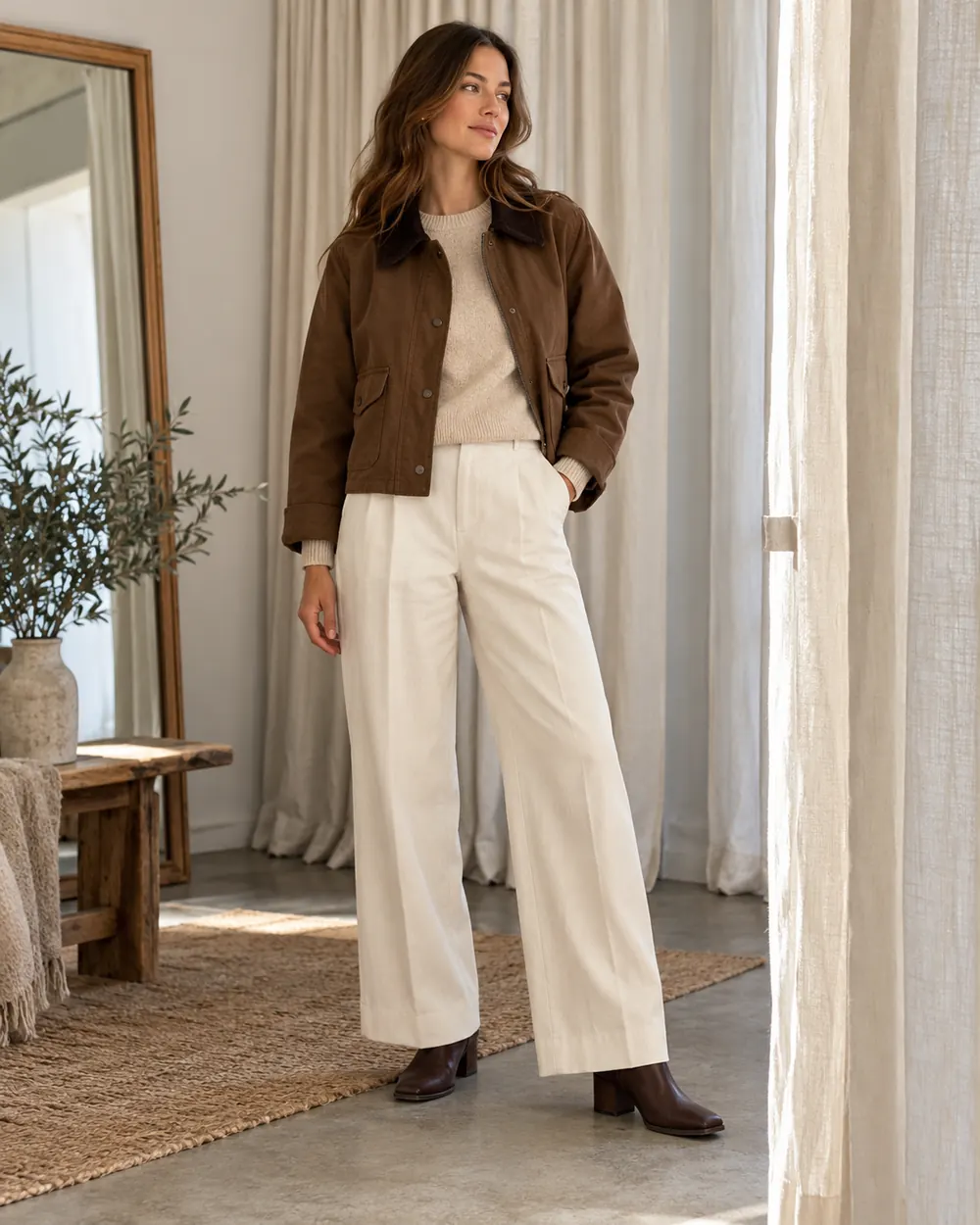 Brown barn jacket with cream wide-leg trousers and ankle boots