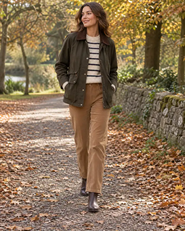 Olive barn jacket with brown corduroy trousers and striped knit