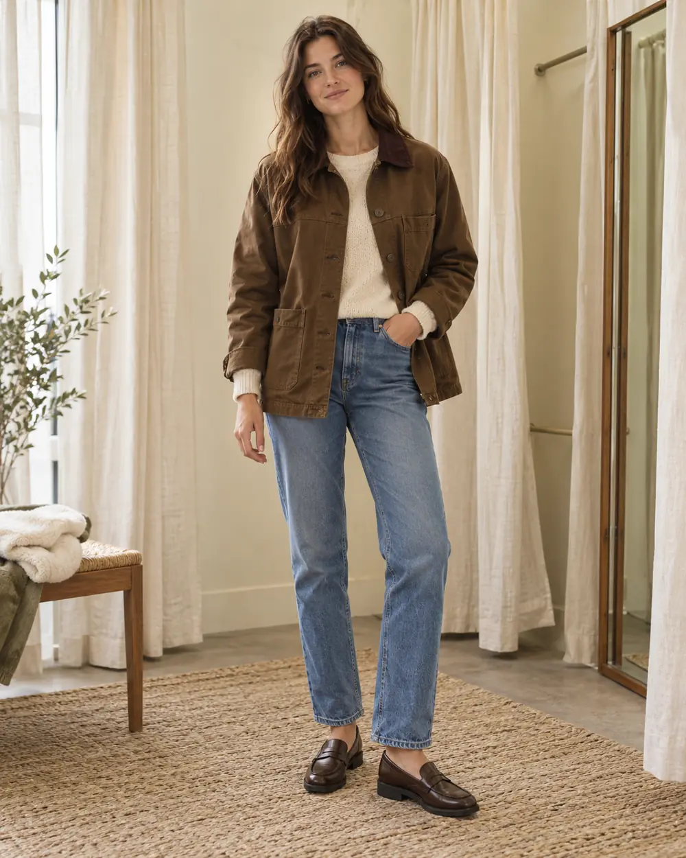 Brown barn jacket styled with jeans and loafers