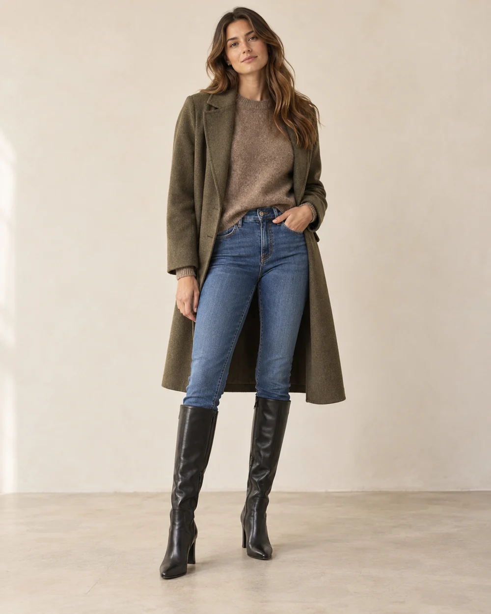 Black knee-high boots with blue jeans and a long wool coat
