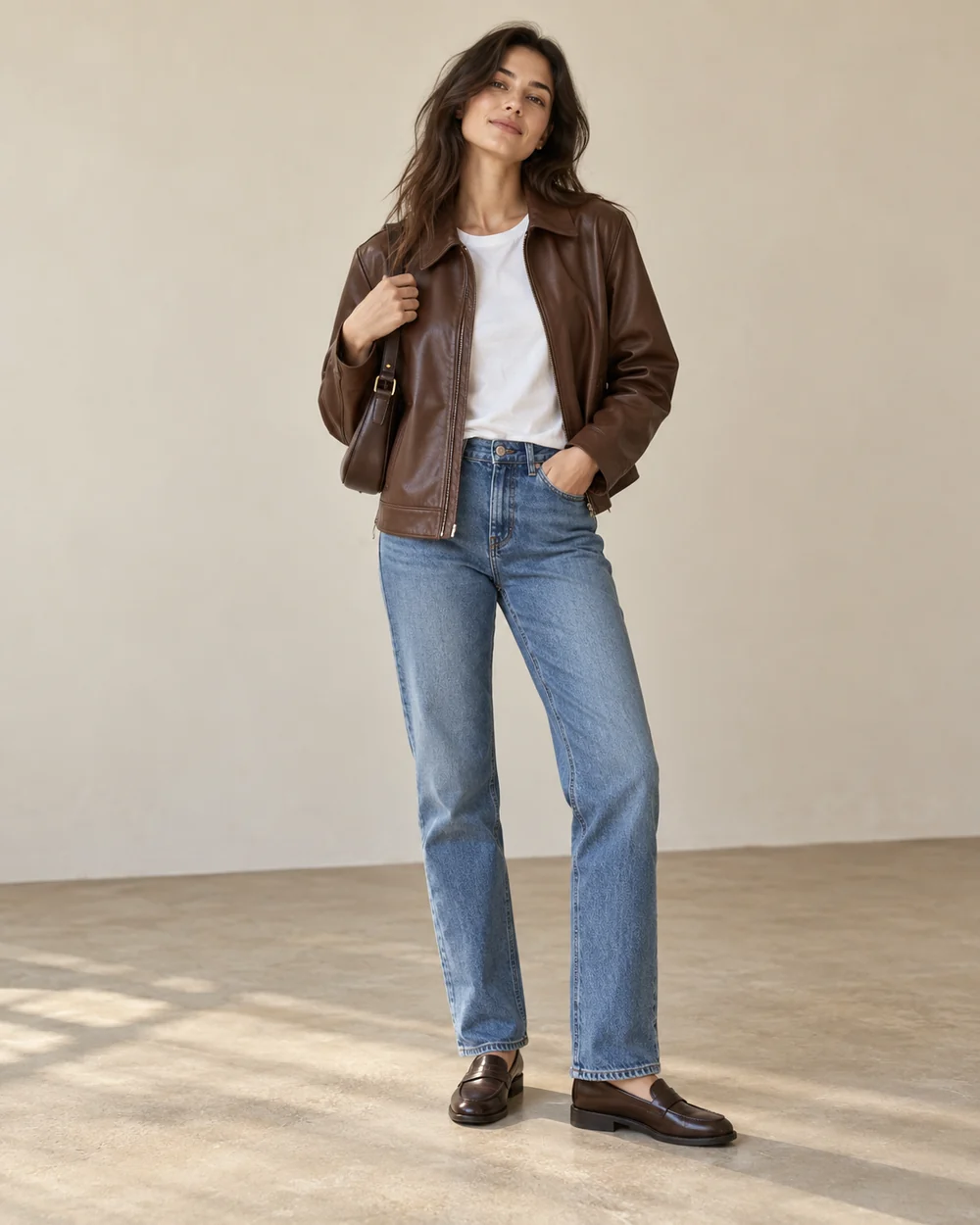 Brown leather bomber jacket with straight-leg jeans