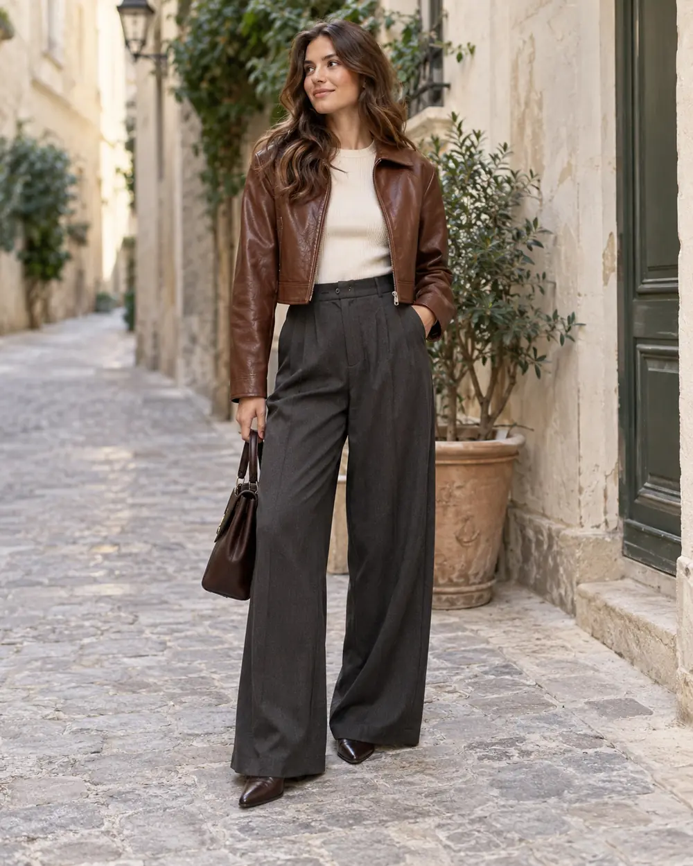 Cropped brown leather jacket with grey wide-leg trousers and heeled boots