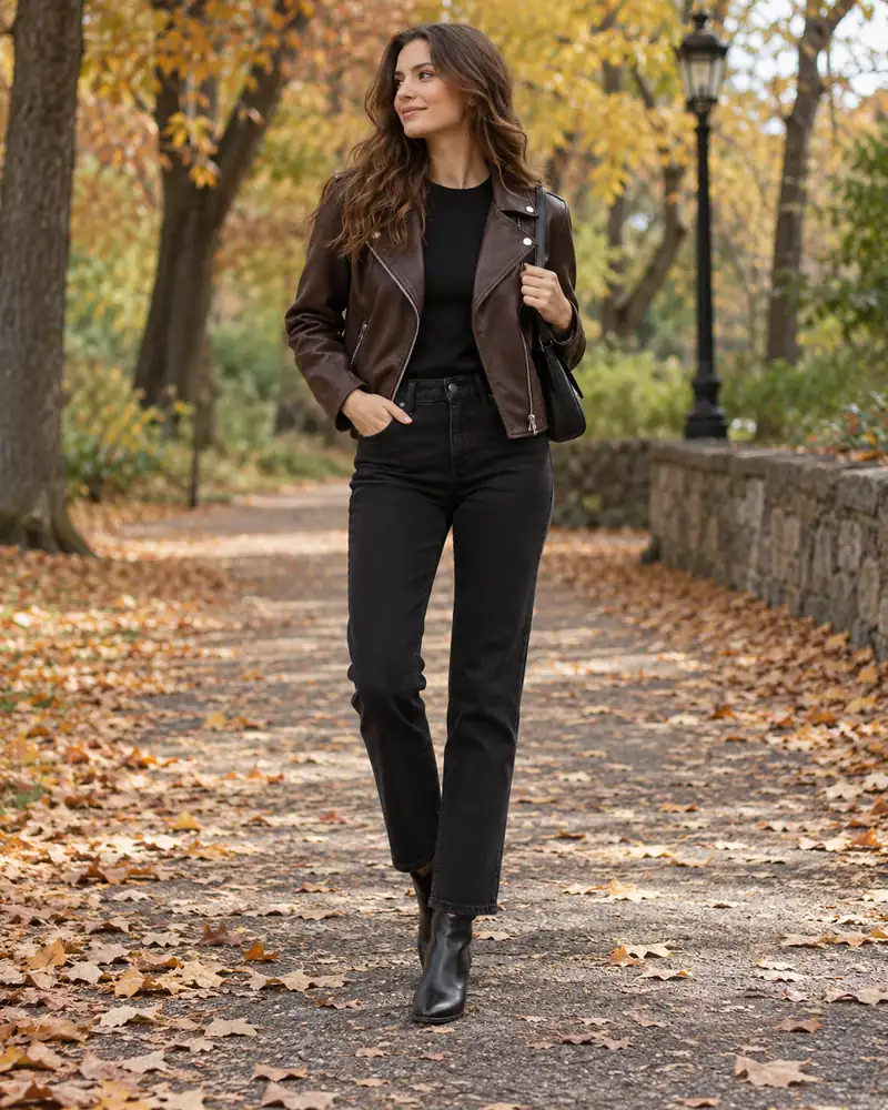 Brown moto jacket with black top, jeans and ankle boots