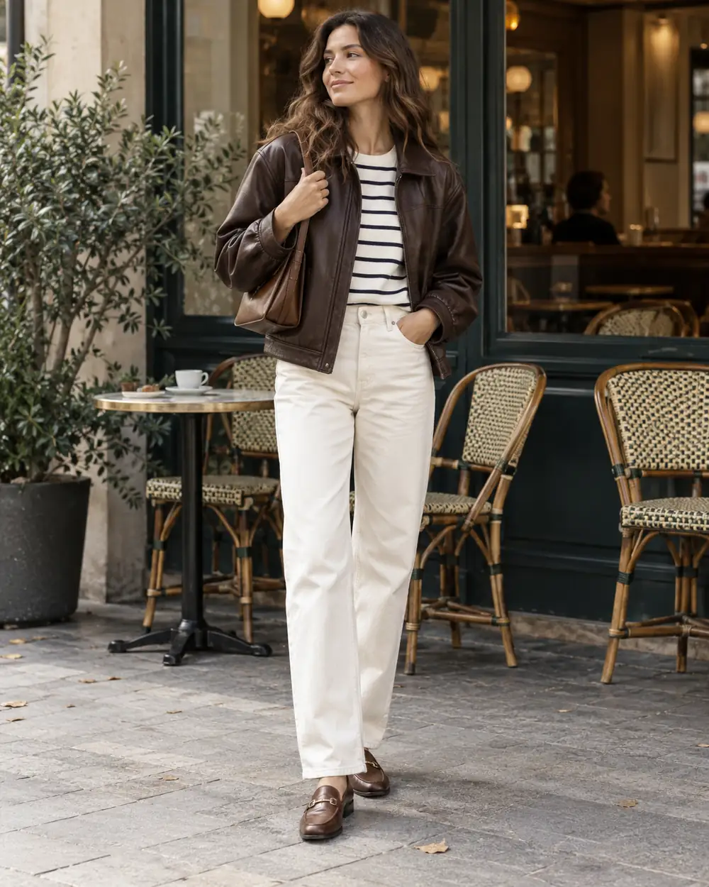 Brown leather jacket with light denim and loafers