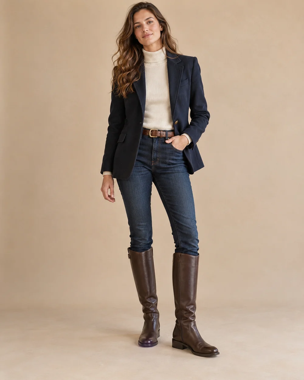 Navy tailored blazer with dark jeans and tall brown riding boots