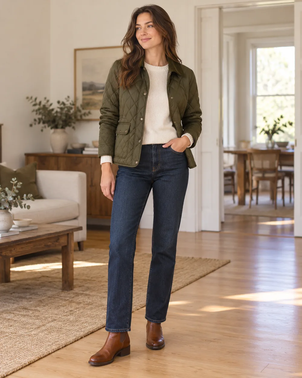 Olive quilted jacket with dark denim and brown ankle boots