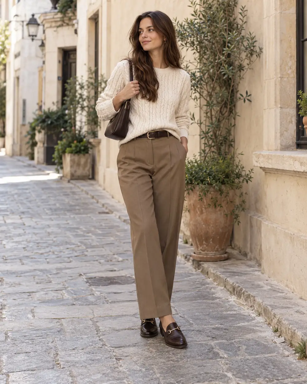 Cream cable knit with camel tailored trousers and brown loafers