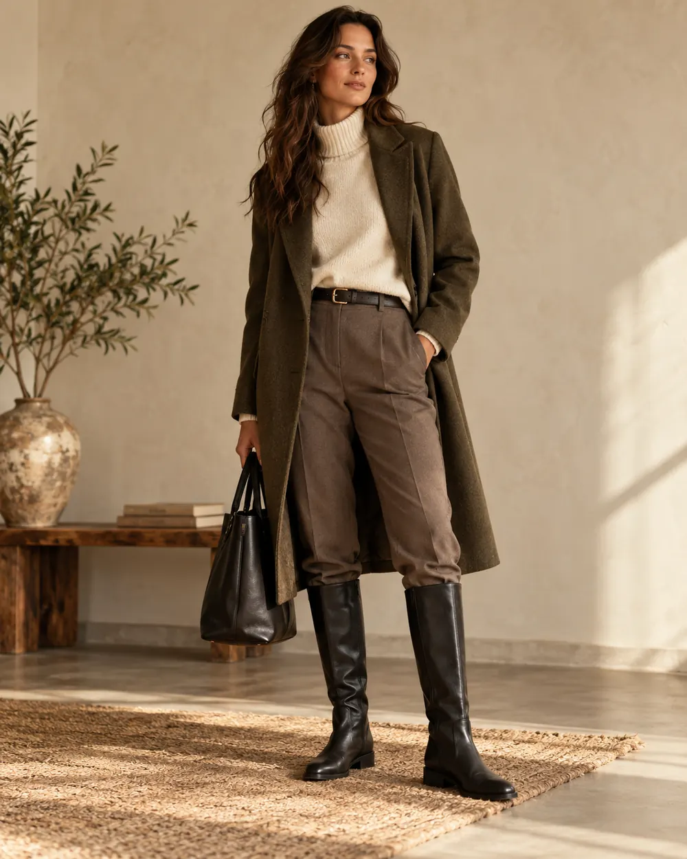 Black knee-high boots with tailored brown trousers and olive coat