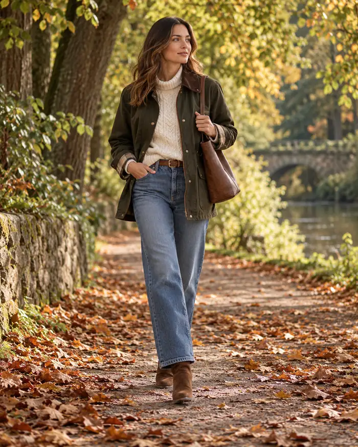 Olive barn jacket over a cream knit and blue jeans