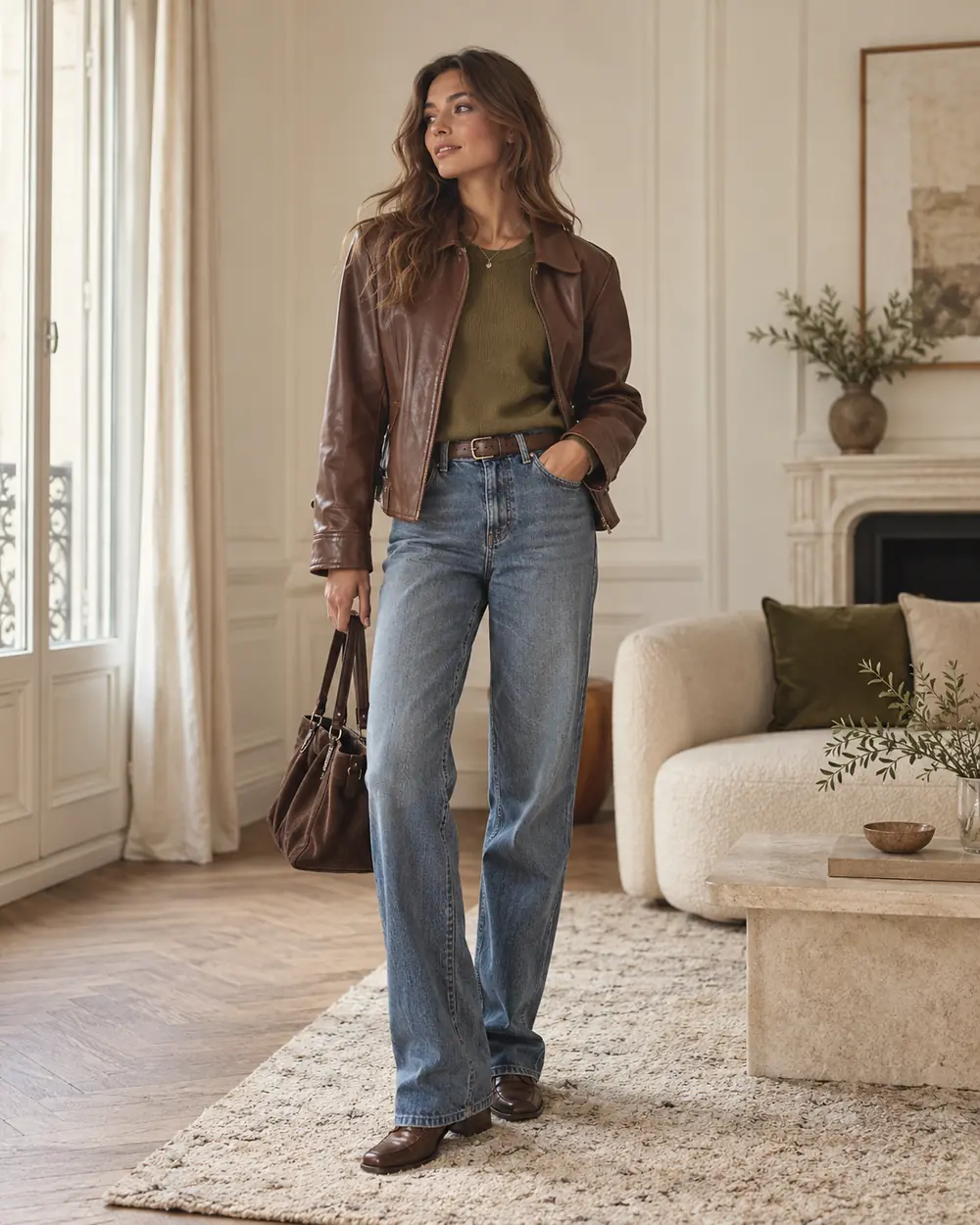 Brown leather jacket with blue jeans and olive knit