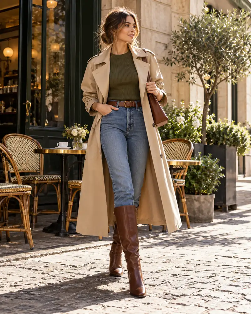Beige trench coat with blue jeans and tall brown boots