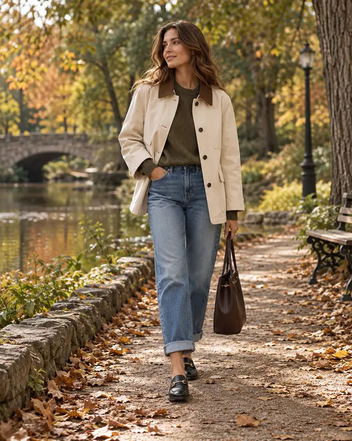 Olive long coat with cream knit, cuffed denim and loafers