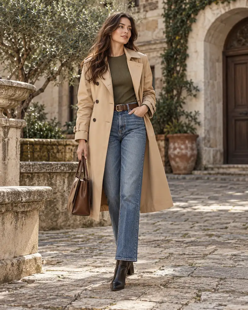 Beige trench coat with straight-leg jeans and black ankle boots