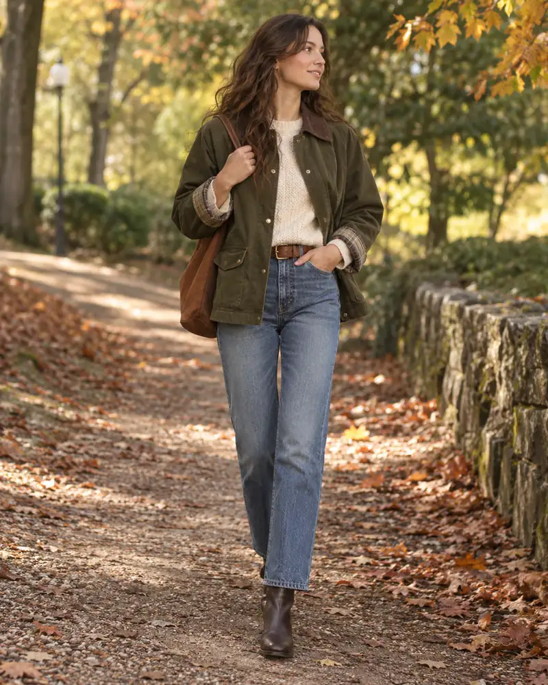 Olive barn jacket with blue jeans and a cream sweater