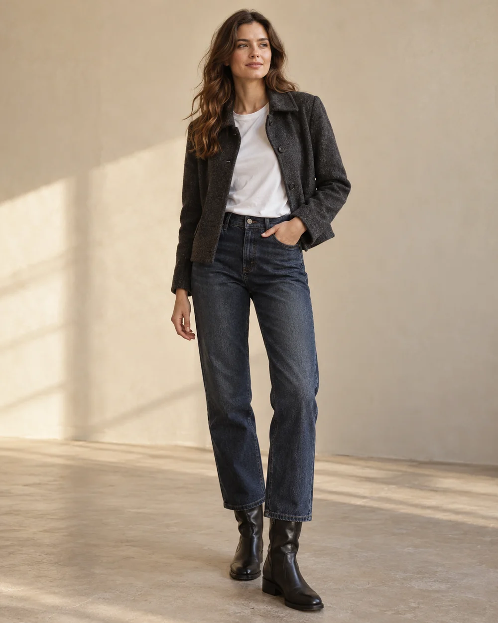 Black riding boots with straight-leg jeans and a dark jacket