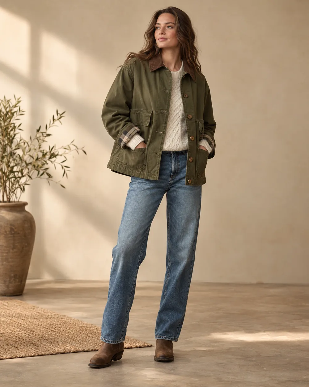 Olive barn jacket with blue jeans, cream knit and ankle boots