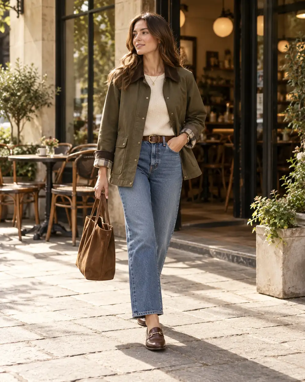 Olive barn jacket with blue jeans and brown loafers