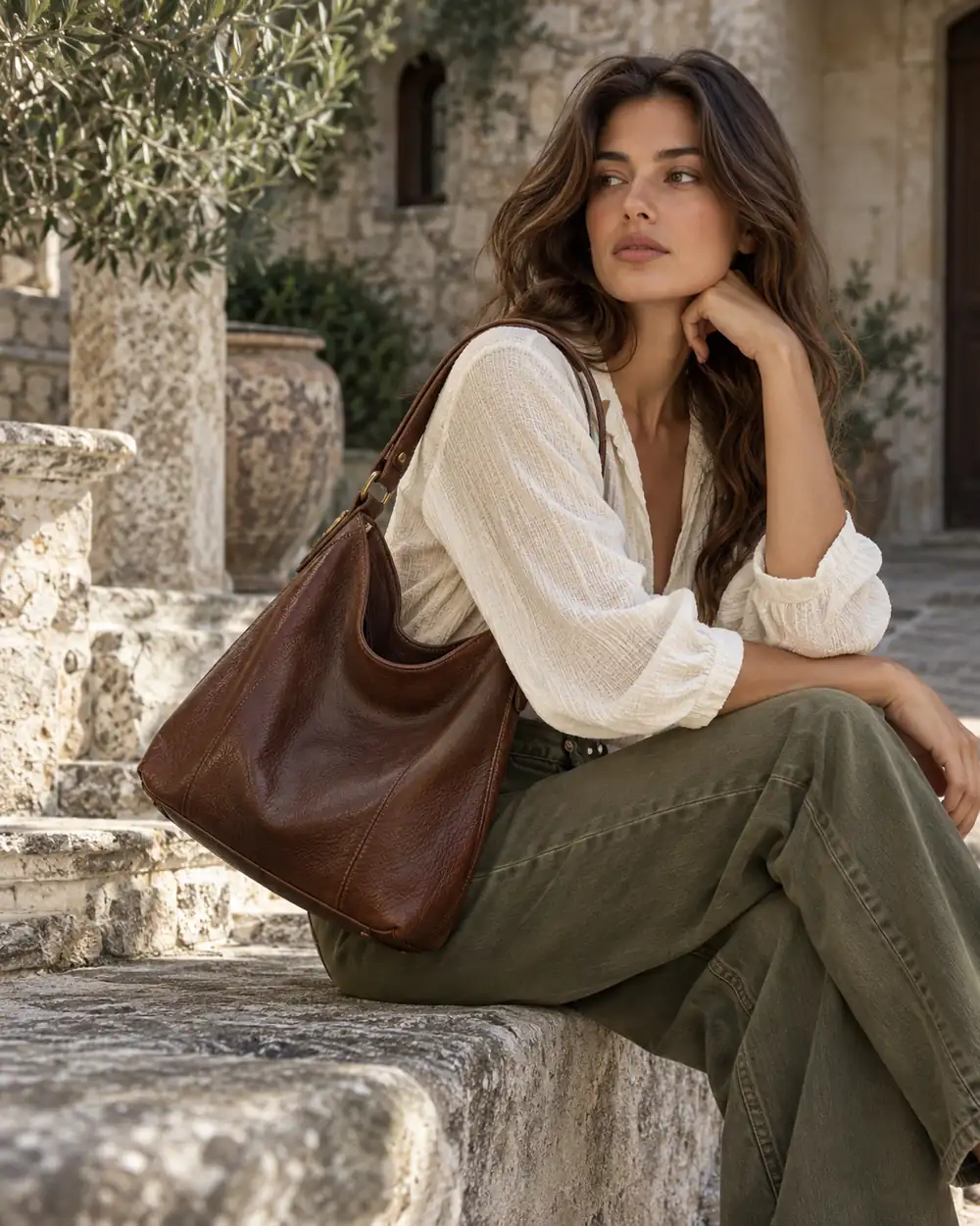 Brown shoulder bag carried with white blouse and olive trousers