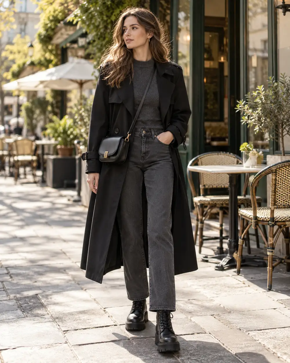 Long black trench coat with charcoal jeans and chunky combat boots