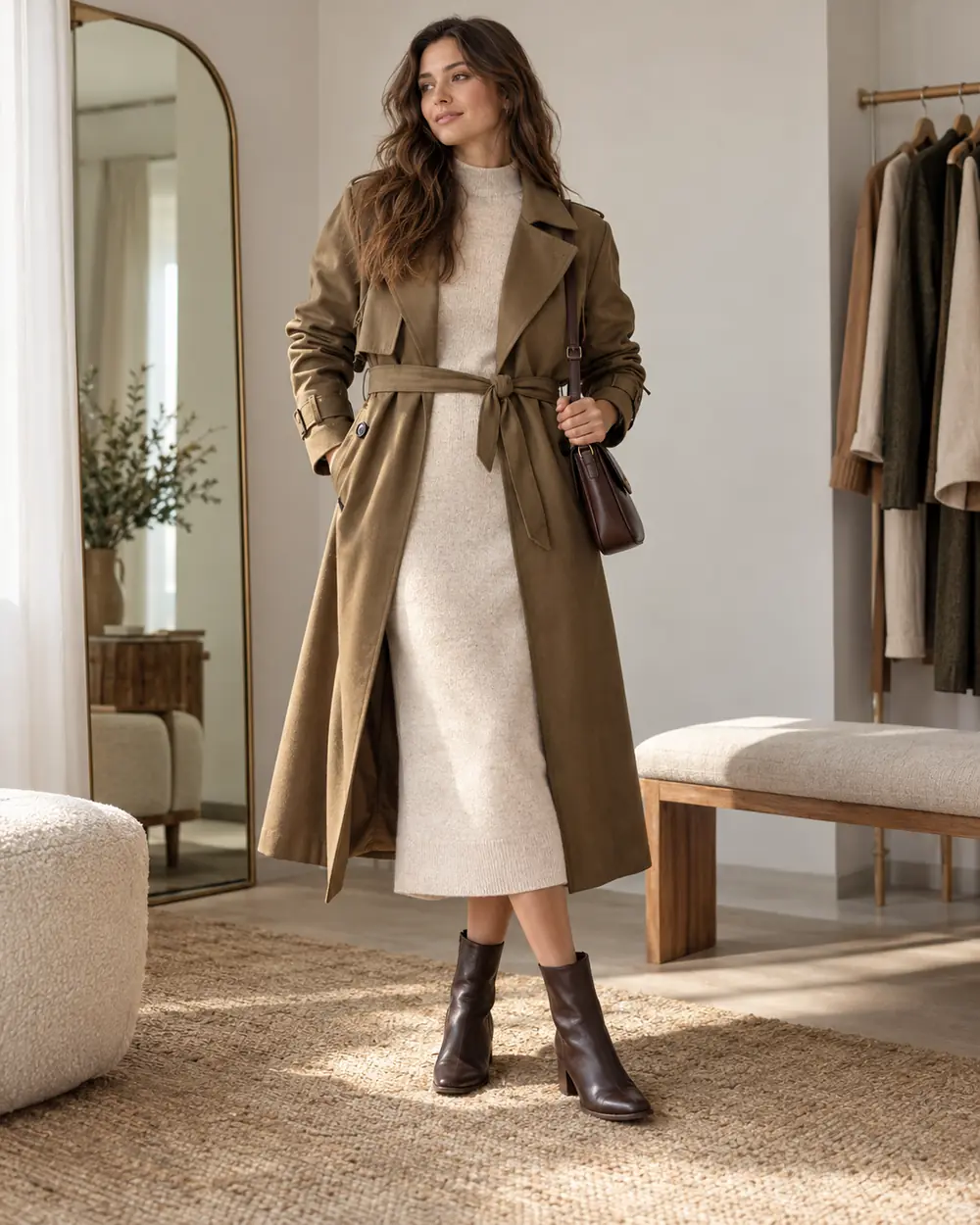 Belted olive trench coat over a cream sweater dress and brown ankle boots