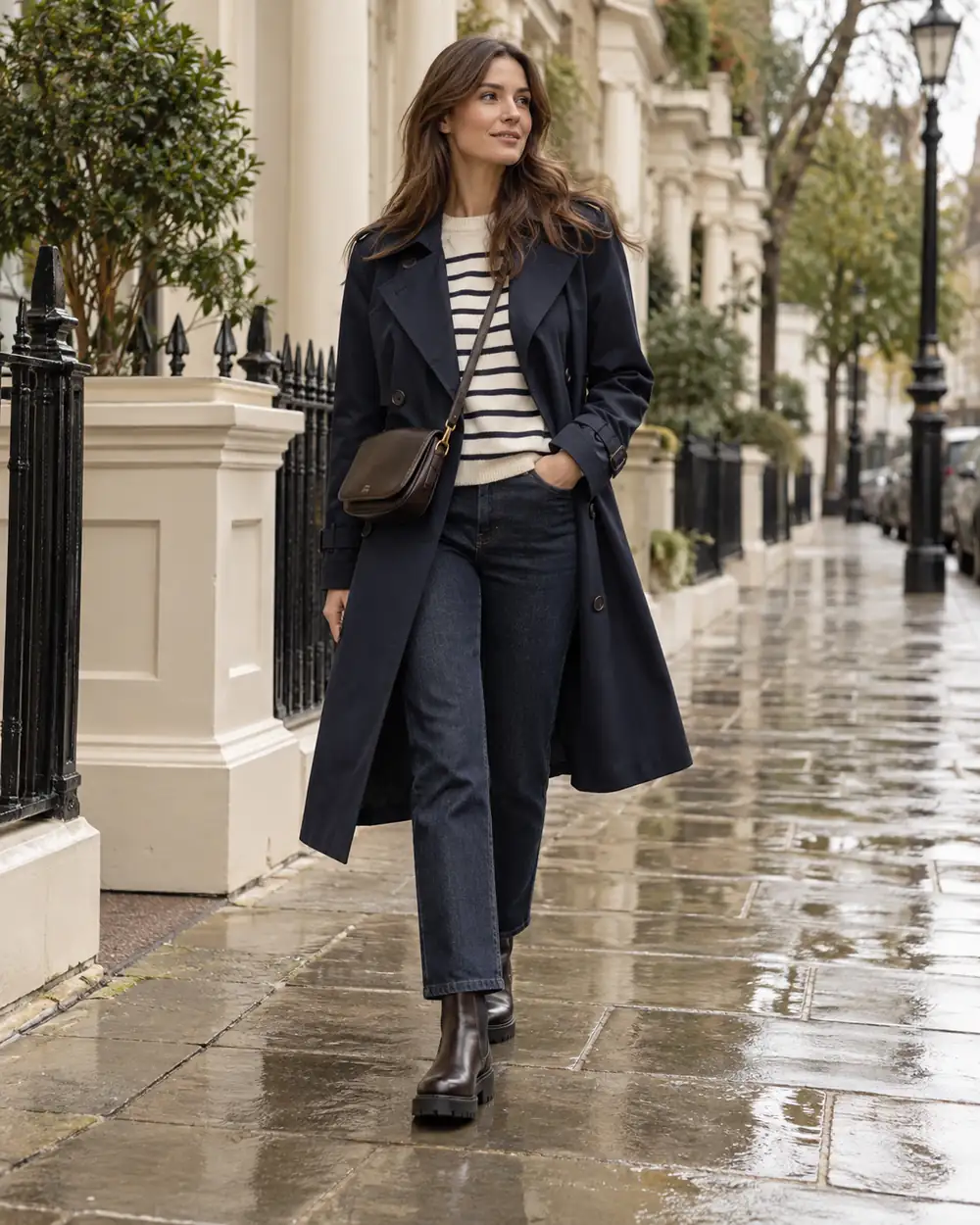Navy trench coat with striped knit, dark denim and lug-sole boots