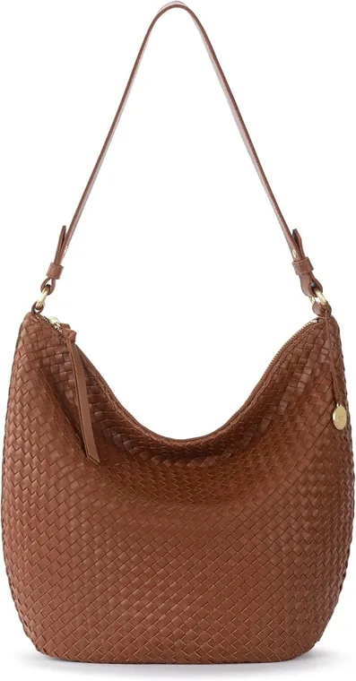 The Sak Sequoia Leather Hobo Bag, front view, cognac woven variant