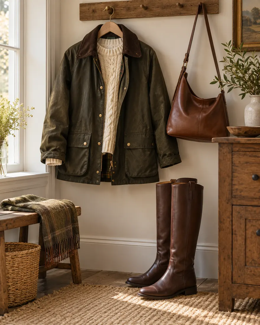 Olive barn jacket, cream knit, brown shoulder bag and tall boots arranged in a sunlit wardrobe