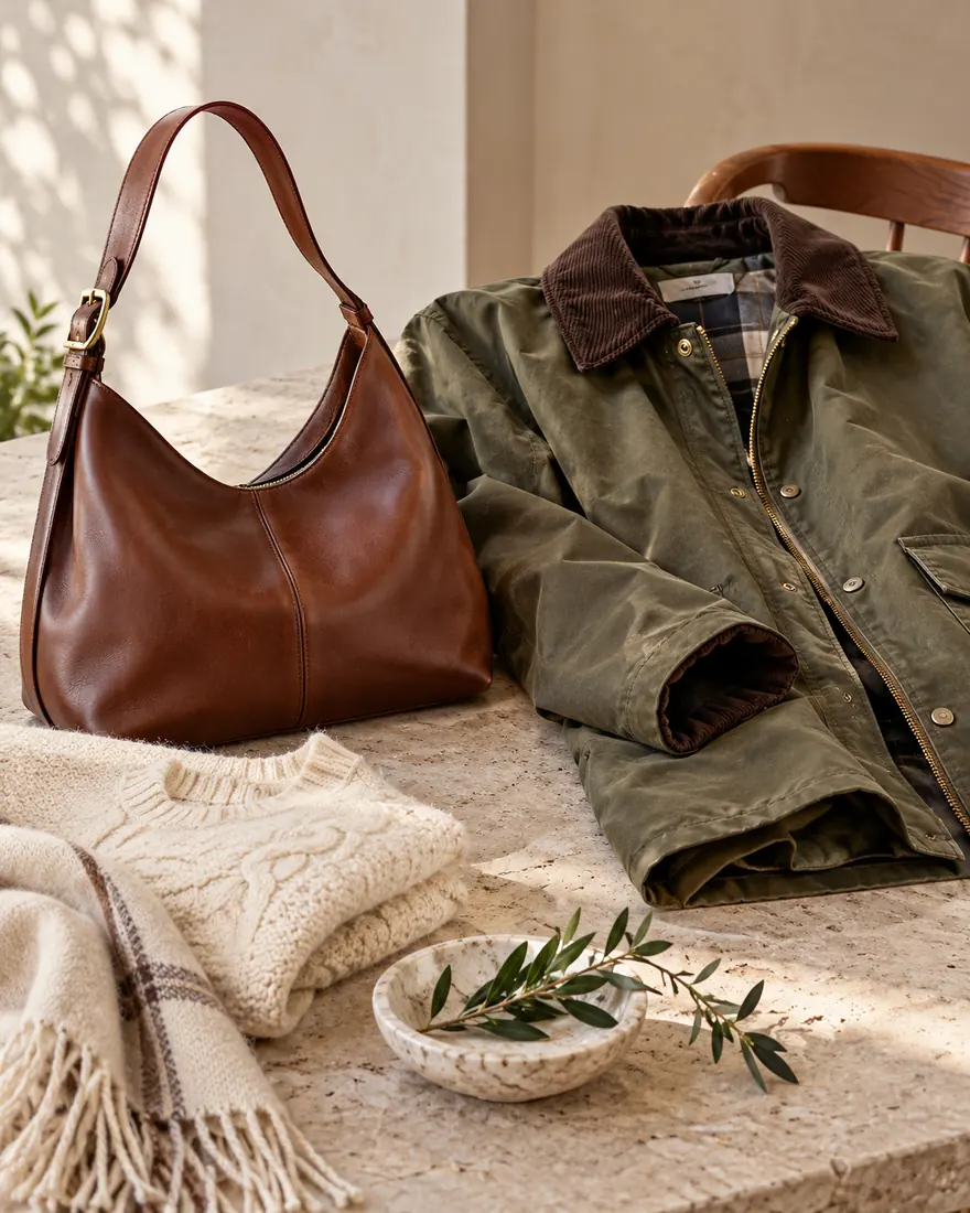 Brown shoulder bag, olive jacket and cream knit arranged together on a stone table