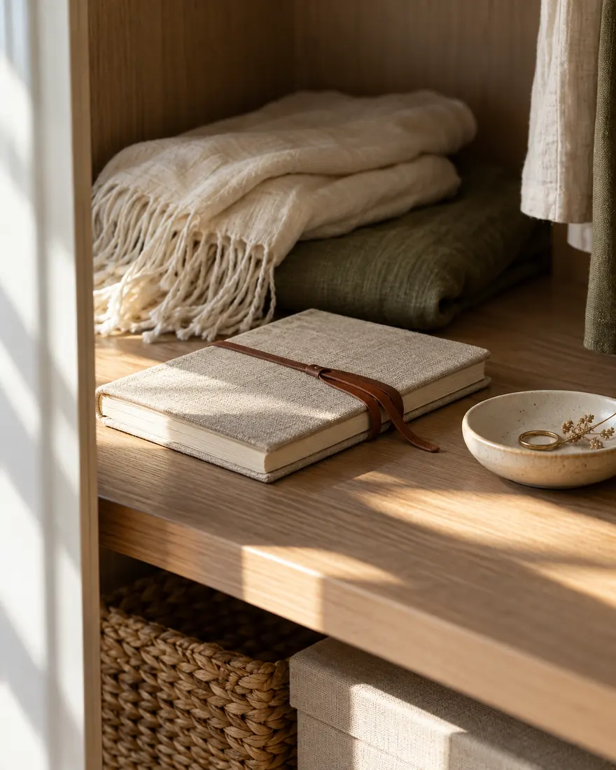 Closed linen notebook and folded neutral fabrics in a quiet wardrobe space