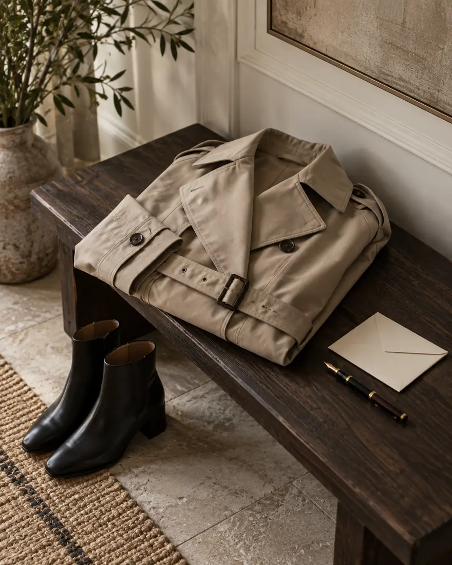 Folded beige trench coat and black boots beside a blank envelope on a wooden bench