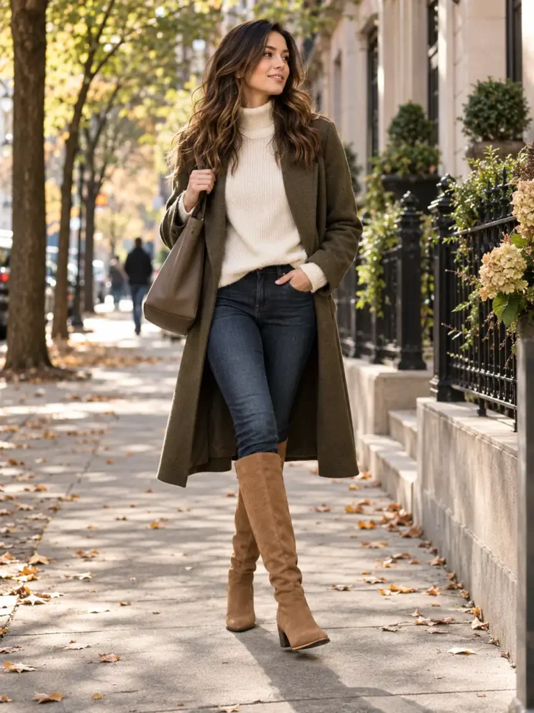 Woman in camel knee-high boots, dark denim and a cream knit on an autumn sidewalk