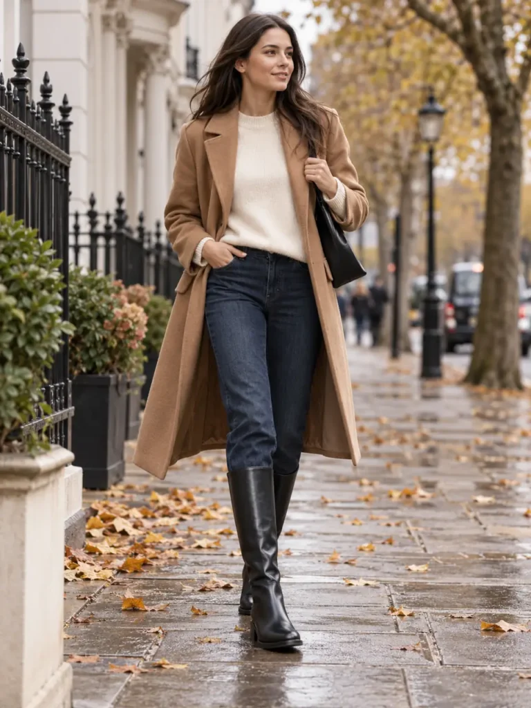 Woman in black riding boots, dark jeans and a camel coat on a city sidewalk