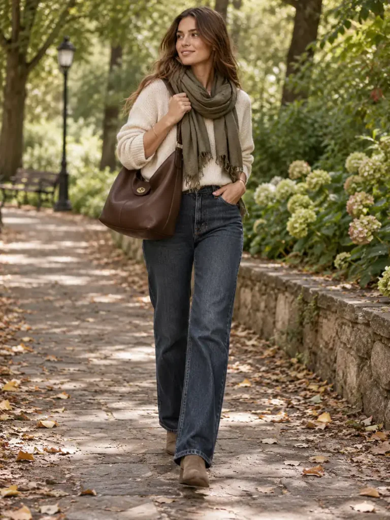 Woman carrying a dark brown hobo bag with a cream sweater and dark denim