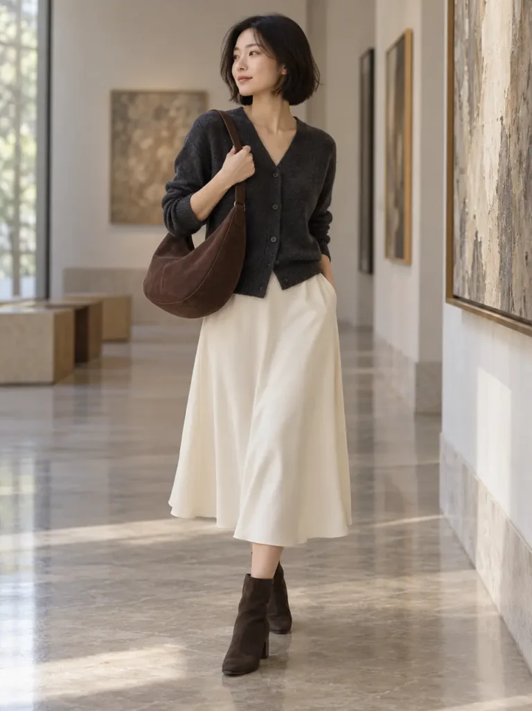 Woman carrying a dark brown crescent bag with a charcoal cardigan and ivory skirt