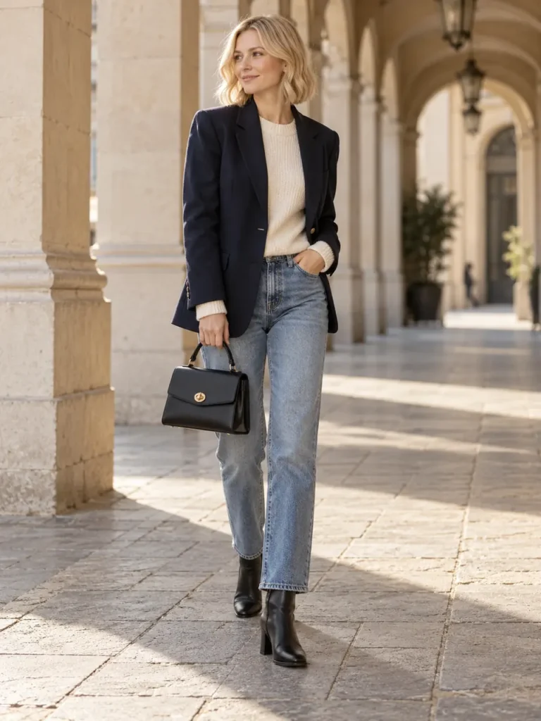 Woman carrying a black top-handle bag with a navy blazer and faded jeans