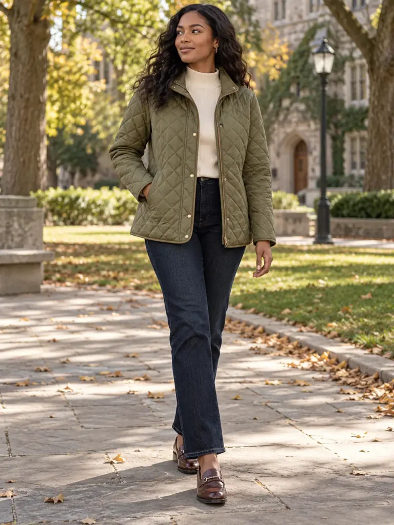 Woman wearing an olive diamond-quilted jacket with dark jeans and a cream knit