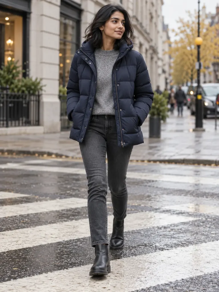 Woman wearing a navy padded jacket with grey knitwear and dark denim