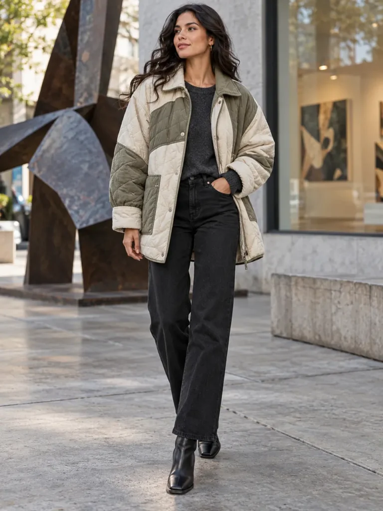 Woman wearing a two-tone quilted jacket with black jeans in an art district