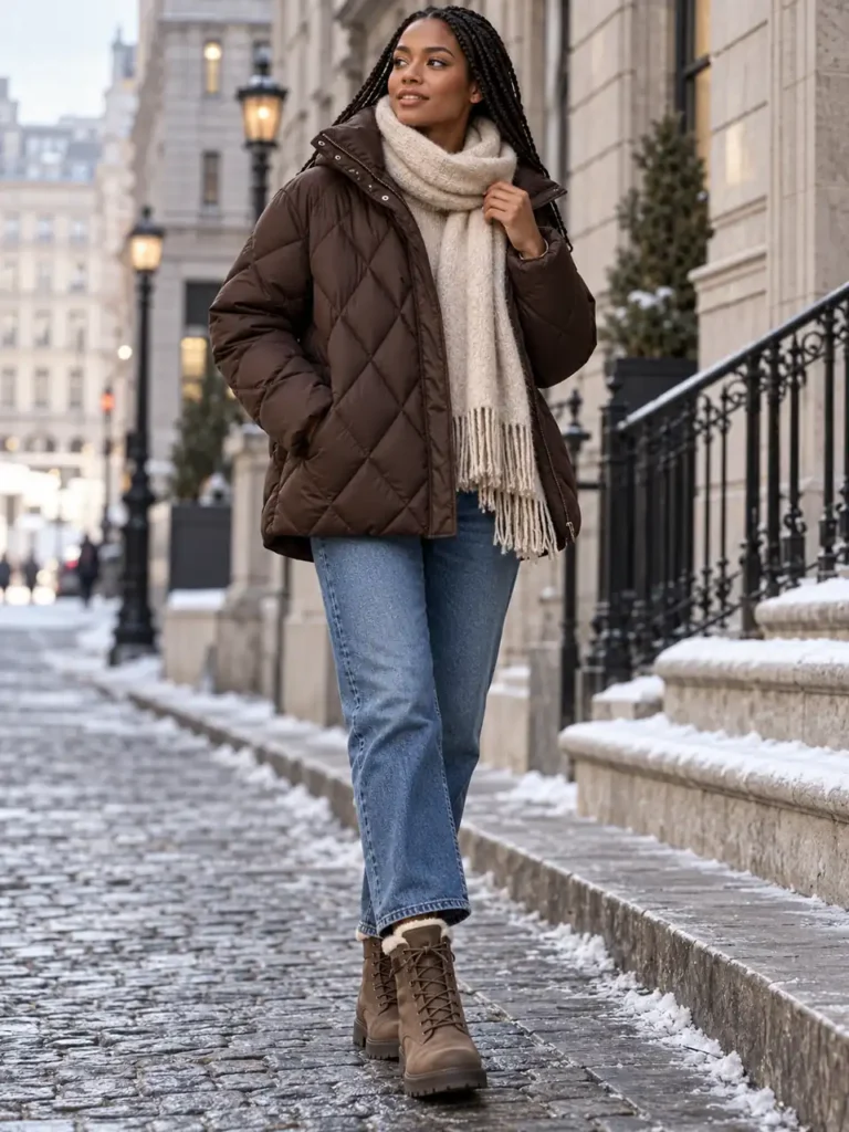 Woman wearing a chocolate quilted puffer with jeans and a cream scarf