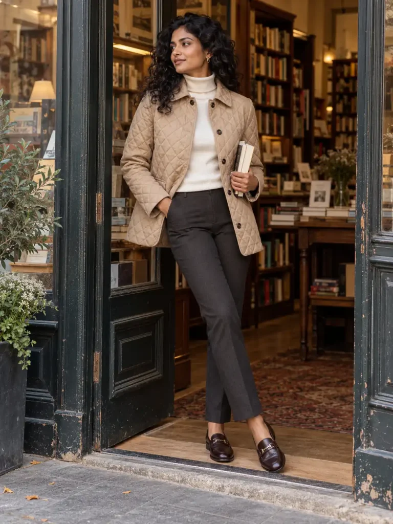 Woman wearing a sand-coloured button-front quilted jacket with dark trousers