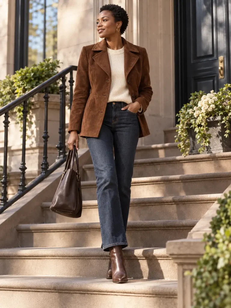 Woman wearing a brown suede-look jacket with a white tee and blue jeans