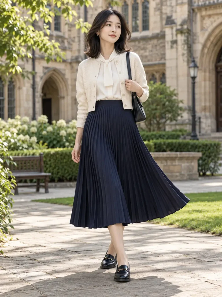 Woman wearing a navy pleated midi skirt with a cream cardigan and loafers