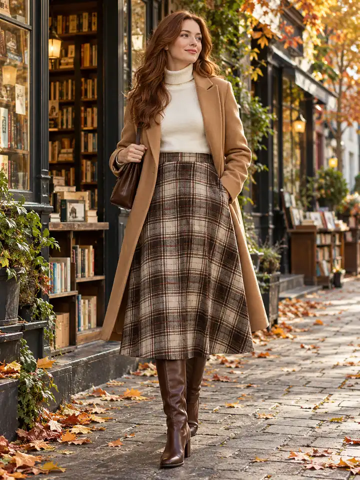 Woman wearing a brown plaid A-line midi skirt with a cream knit and camel coat