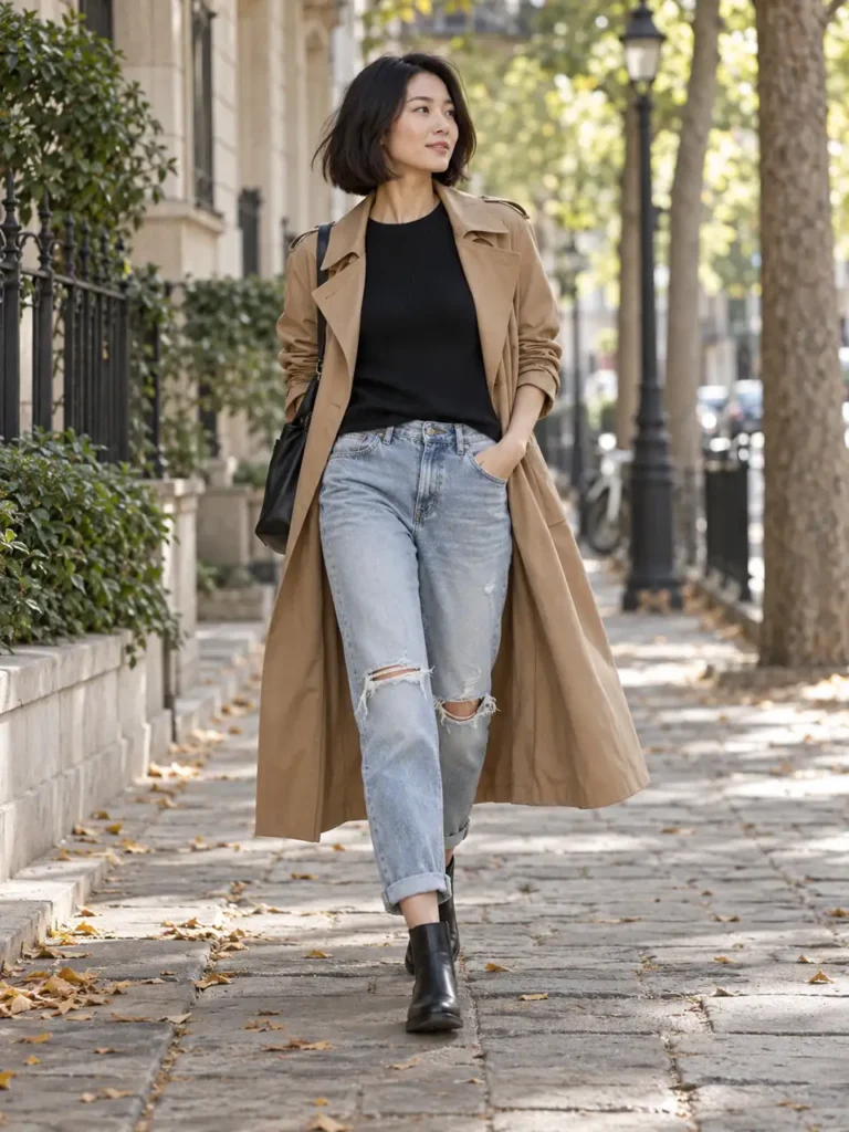 Woman wearing ripped light-wash boyfriend jeans with a black knit and camel trench