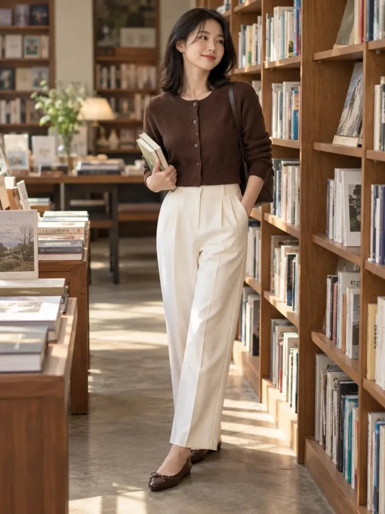 Woman wearing a cropped brown cardigan with ivory trousers in a bookstore