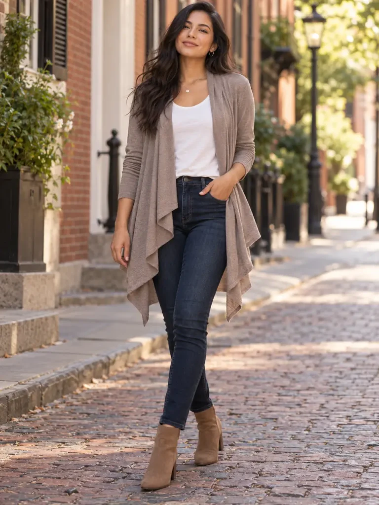 Woman wearing a lightweight taupe open cardigan with dark jeans