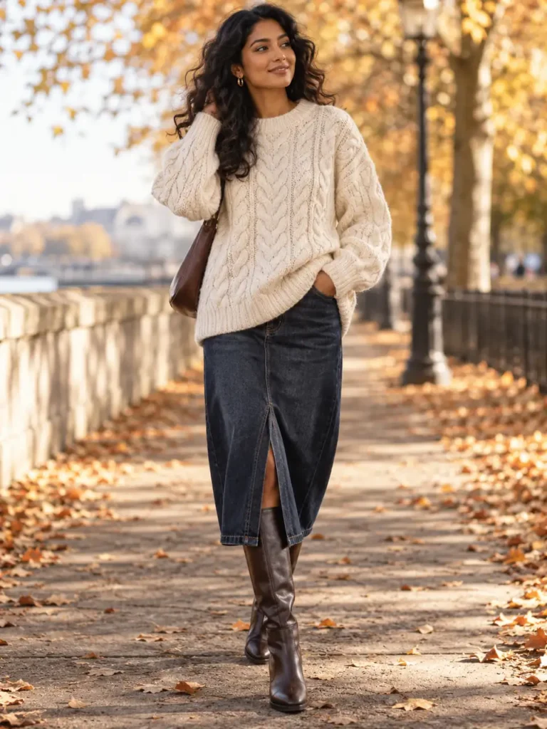 Woman wearing an oversized cream cable-knit sweater with a denim skirt