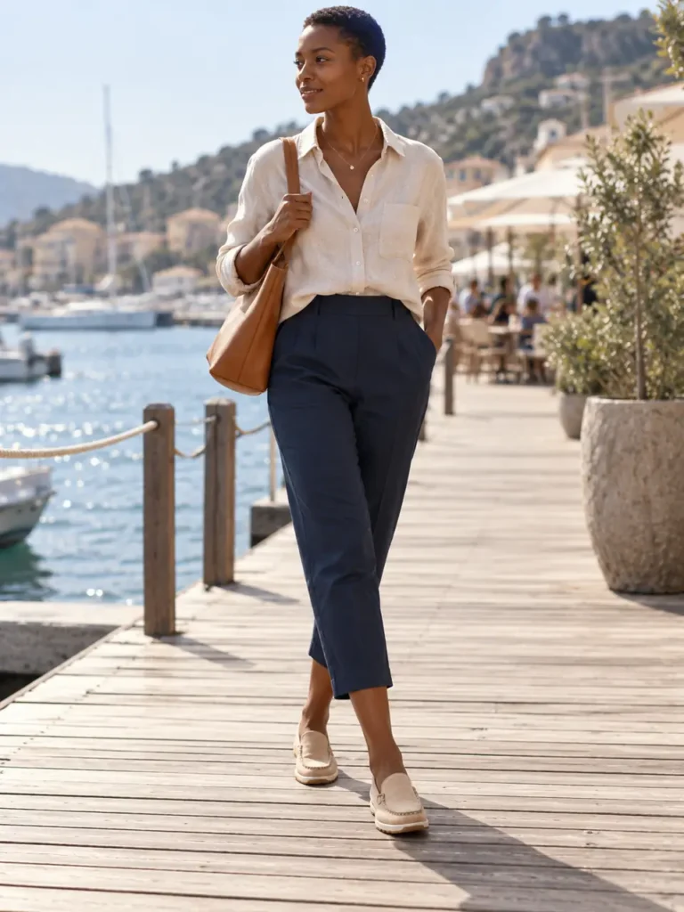 Woman wearing beige slip-on loafers with cropped navy trousers by a harbour