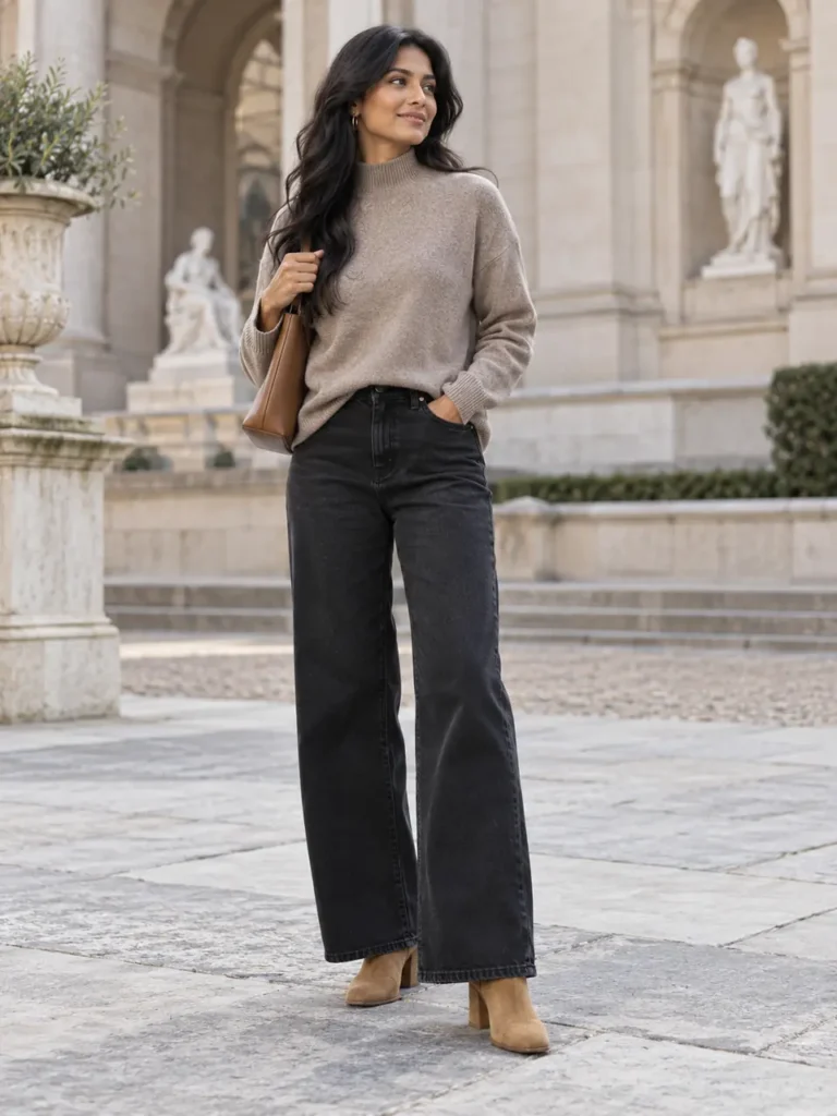 Woman wearing a taupe mock-neck sweater with dark wide-leg jeans